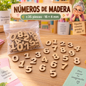 Set de números de madera, madera natural, ±35 piezas, 16 × 4 mm