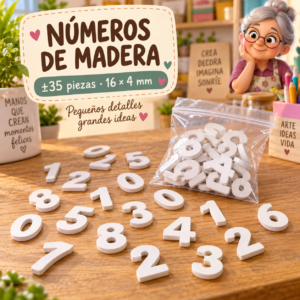 Set de números de madera, blanco, ±35 piezas, 16 × 4 mm