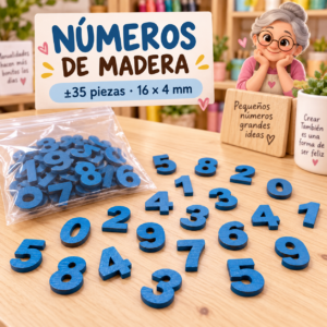 Set de números de madera, azul, ±35 piezas, 16 × 4 mm