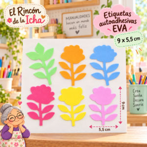 RI-0005027-1.png Etiquetas autoadhesivas EVA de flores, 6 unidades por tarjeta, 9 × 5,5 cm