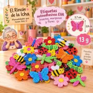RI-0005034-1.png Etiquetas autoadhesivas EVA con glitter de insectos, mariposas y flores, 13 g, 3,7 × 2,8 cm