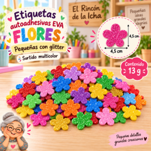 RI-0005035-1.png Etiquetas autoadhesivas EVA con glitter de flores pequeñas surtidas, 13 g, 4,5 × 4,5 cm