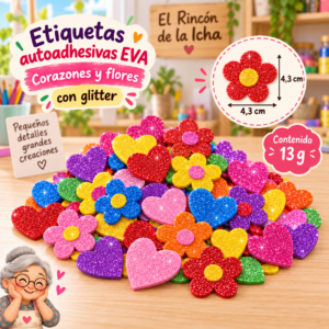 RI-0005036-1.png Etiquetas autoadhesivas EVA con glitter de corazones y flores, 13 g, 4,3 × 4,3 cm