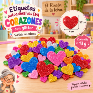 RI-0005037-1.png Etiquetas autoadhesivas EVA con glitter de corazones surtidos, 13 g, 3,7 × 4 cm
