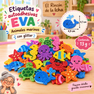 RI-0005038-1.png Etiquetas autoadhesivas EVA con glitter de animales marinos, 13 g, 4,9 × 4,7 cm