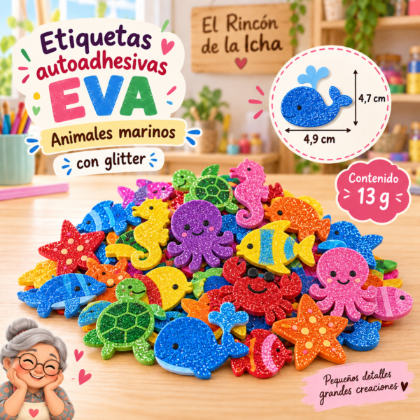 RI-0005038-1.png Etiquetas autoadhesivas EVA con glitter de animales marinos, 13 g, 4,9 × 4,7 cm