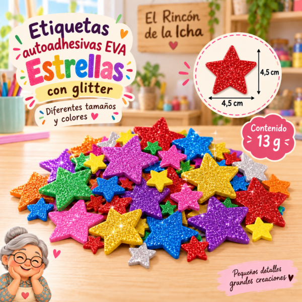 RI-0005039-1.png Etiquetas autoadhesivas EVA con glitter de estrellas, 13 g, 4,5 × 4,5 cm