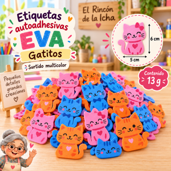 RI-0005040-1.png Etiquetas autoadhesivas EVA impresas de gatos, 13 g, 5 × 6 cm