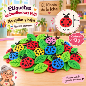RI-0005042-1.png Etiquetas autoadhesivas EVA impresas de mariquitas y hojas, 13 g, 4,4 × 3,3 cm