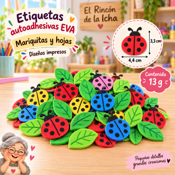 RI-0005042-1.png Etiquetas autoadhesivas EVA impresas de mariquitas y hojas, 13 g, 4,4 × 3,3 cm