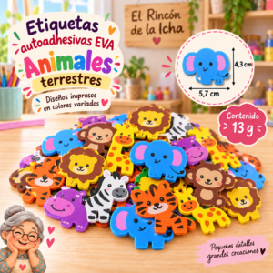 RI-0005044-1.png Etiquetas autoadhesivas EVA impresas de animales terrestres, 13 g, 4,3 × 5,7 cm