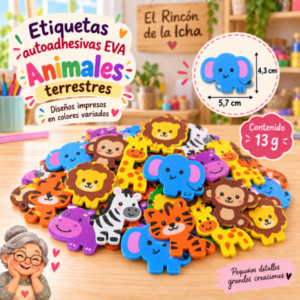 RI-0005044-1.png Etiquetas autoadhesivas EVA impresas de animales terrestres, 13 g, 4,3 × 5,7 cm
