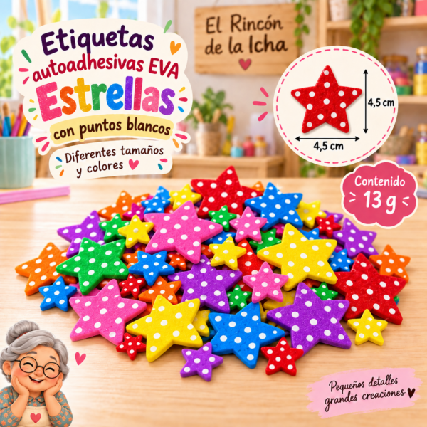 RI-0005047-1.png Etiquetas autoadhesivas EVA impresas de estrellas con puntos blancos, 13 g, 4,5 × 4,5 cm