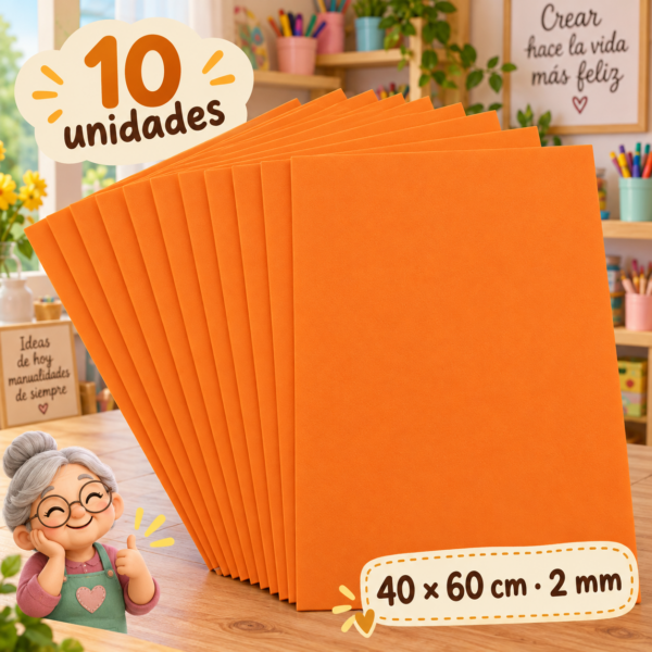 Goma EVA naranja, 10 unidades, 40 × 60 cm, 2 mm