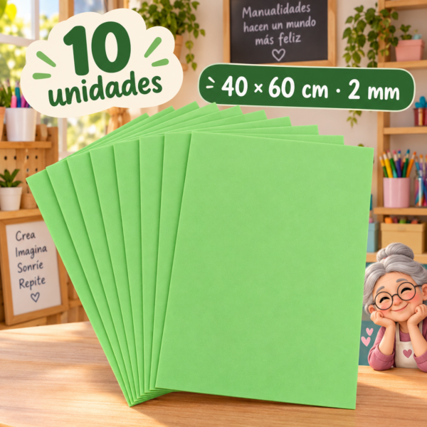 Goma EVA verde claro, 10 unidades, 40 × 60 cm, 2 mm