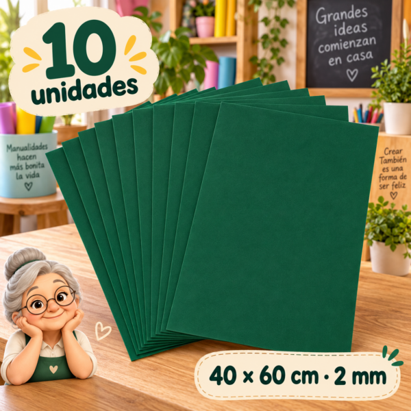 Goma EVA verde oscuro, 10 unidades, 40 × 60 cm, 2 mm