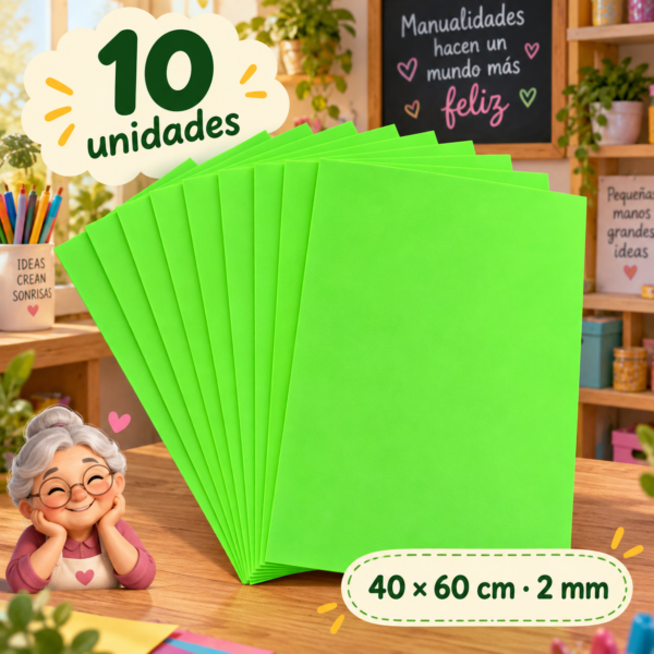 Goma EVA verde fluorescente, 10 unidades, 40 × 60 cm, 2 mm