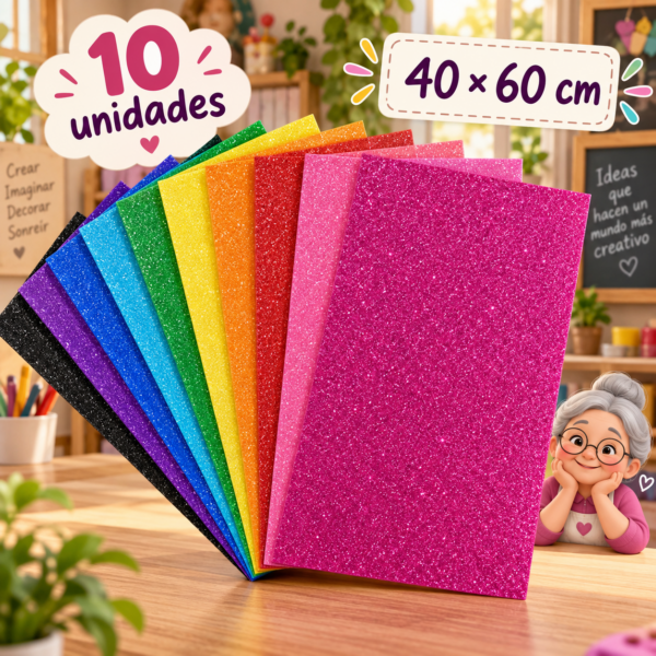 Goma EVA con glitter, colores surtidos, 10 unidades, 40 × 60 cm