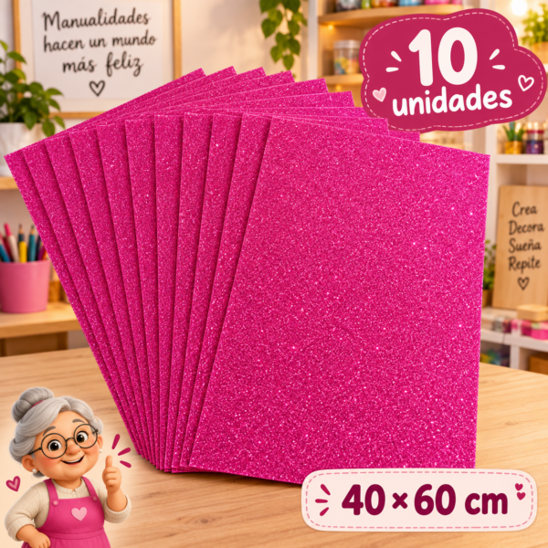 Goma EVA con glitter fucsia, 10 unidades, 40 × 60 cm