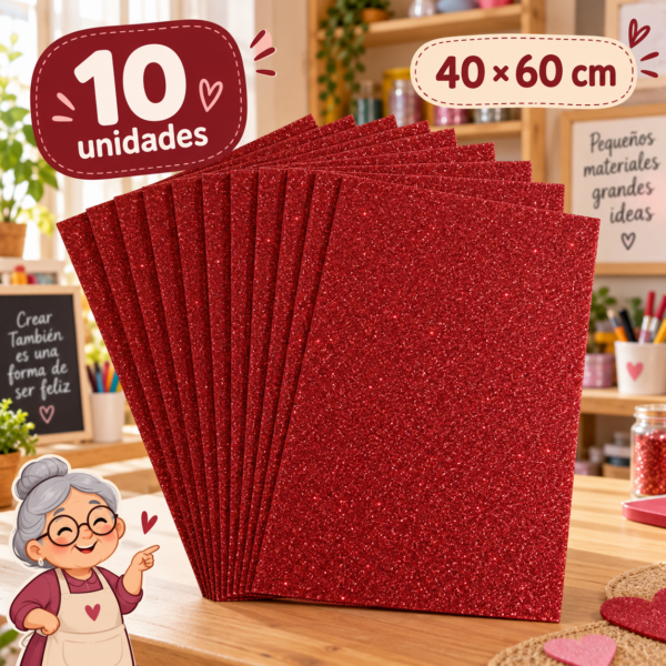 Goma EVA con glitter rojo oscuro, 10 unidades, 40 × 60 cm