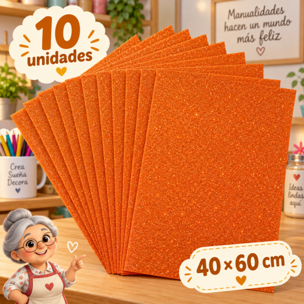 Goma EVA con glitter naranja oscuro, 10 unidades, 40 × 60 cm