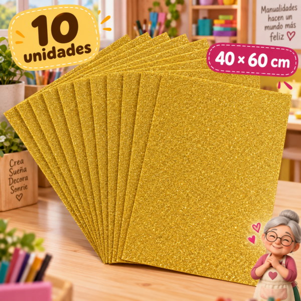 Goma EVA con glitter dorado intenso, 10 unidades, 40 × 60 cm