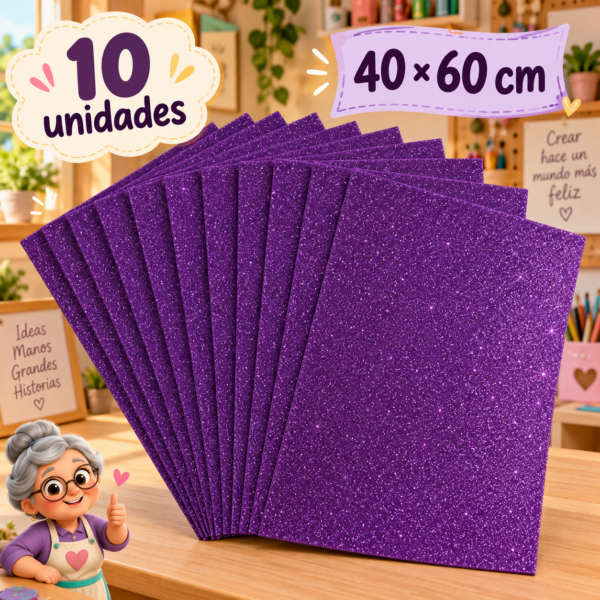 Goma EVA con glitter morado oscuro, 10 unidades, 40 × 60 cm