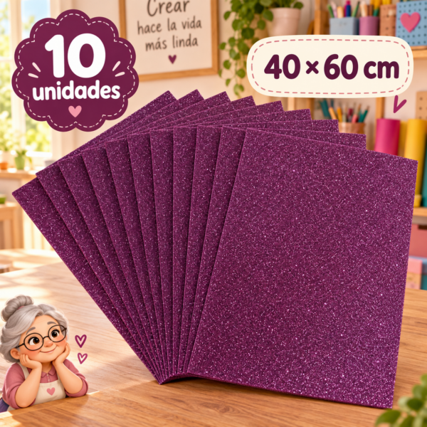 Goma EVA con glitter ciruela, 10 unidades, 40 × 60 cm