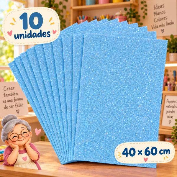 Goma EVA con glitter azul claro, 10 unidades, 40 × 60 cm