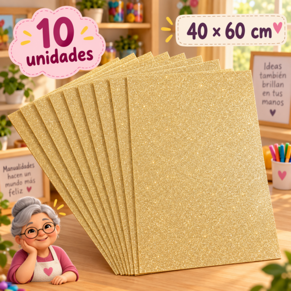 Goma EVA con glitter dorado claro, 10 unidades, 40 × 60 cm