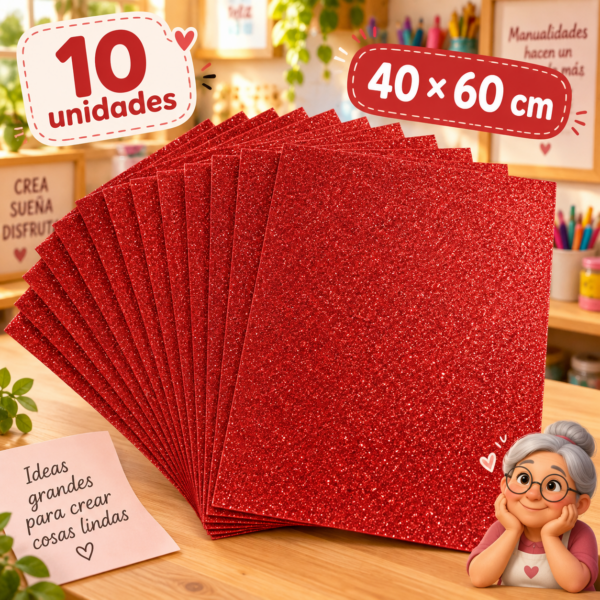 Goma EVA con glitter rojo metal, 10 unidades, 40 × 60 cm