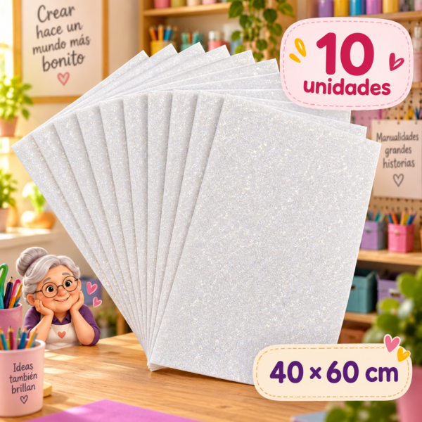 Goma EVA con glitter blanco, 10 unidades, 40 × 60 cm