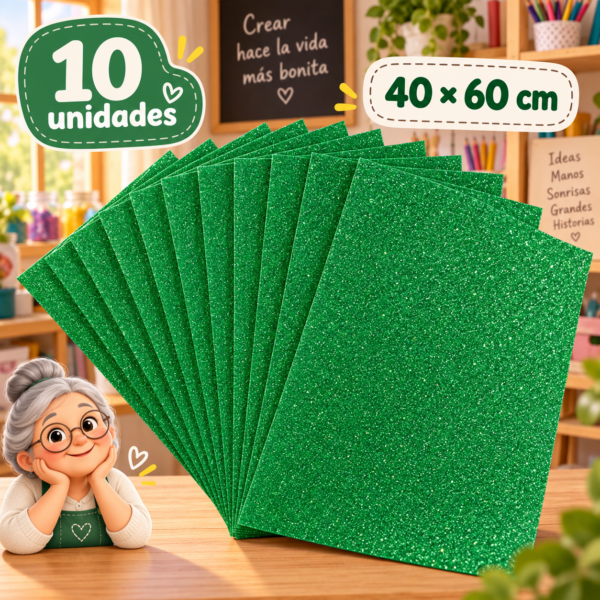 Goma EVA con glitter verde, 10 unidades, 40 × 60 cm