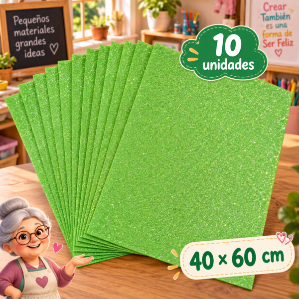 Goma EVA con glitter verde claro, 10 unidades, 40 × 60 cm