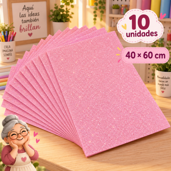 Goma EVA con glitter rosado claro, 10 unidades, 40 × 60 cm