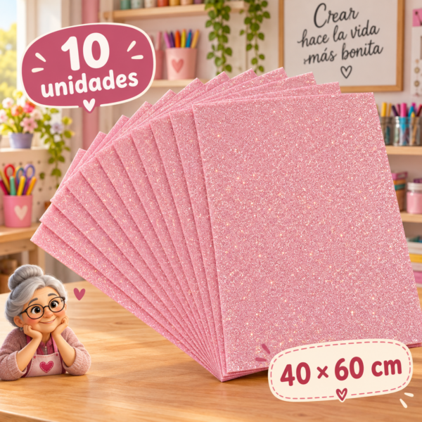Goma EVA con glitter rosa pálido, 10 unidades, 40 × 60 cm