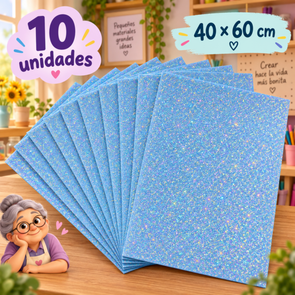 Goma EVA con glitter iridiscente azul claro, 10 unidades, 40 × 60 cm
