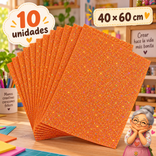 Goma EVA con glitter iridiscente naranja, 10 unidades, 40 × 60 cm