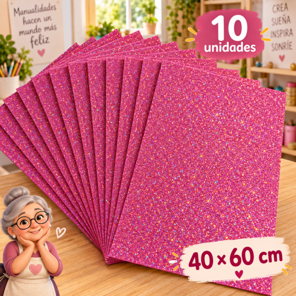 Goma EVA con glitter iridiscente rosado oscuro, 10 unidades, 40 × 60 cm