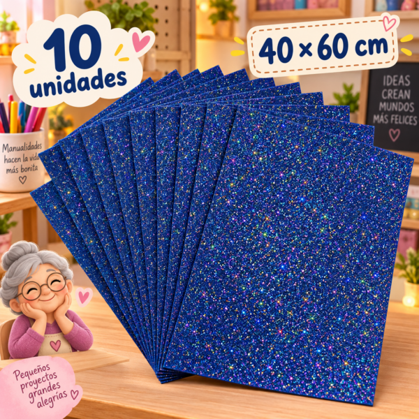 Goma EVA con glitter iridiscente azul oscuro, 10 unidades, 40 × 60 cm