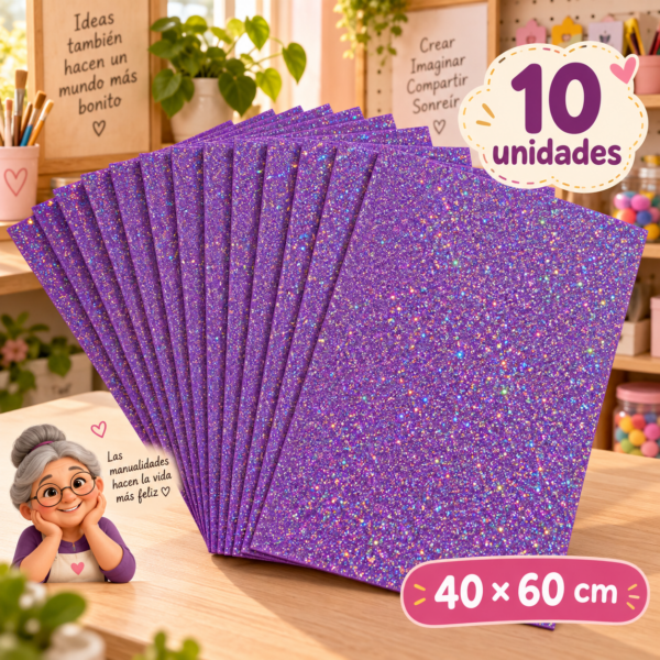 Goma EVA con glitter iridiscente morado, 10 unidades, 40 × 60 cm