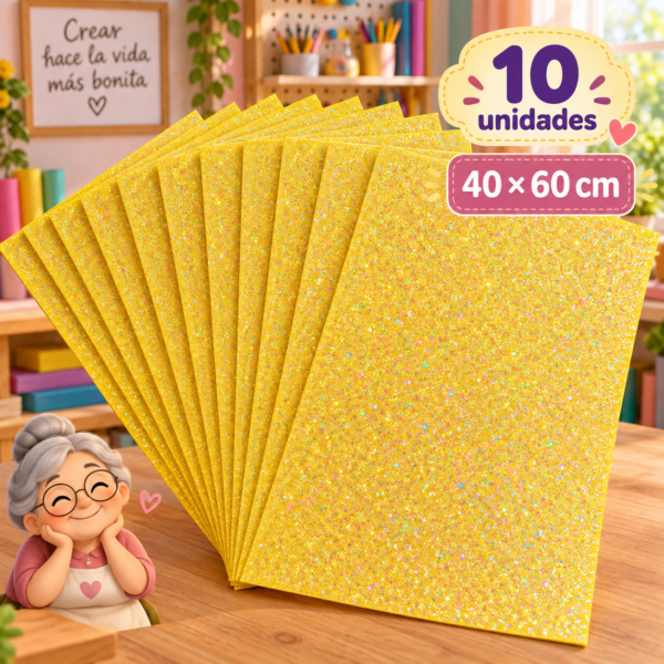 Goma EVA con glitter iridiscente amarillo, 10 unidades, 40 × 60 cm