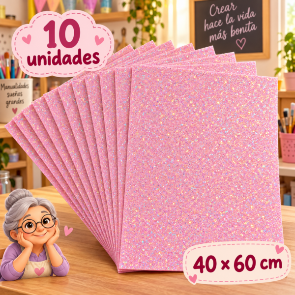 Goma EVA con glitter iridiscente rosado claro, 10 unidades, 40 × 60 cm