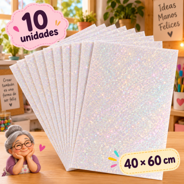 Goma EVA con glitter iridiscente blanco, 10 unidades, 40 × 60 cm