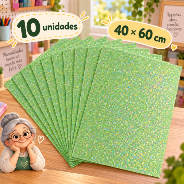 Goma EVA con glitter iridiscente verde claro, 10 unidades, 40 × 60 cm
