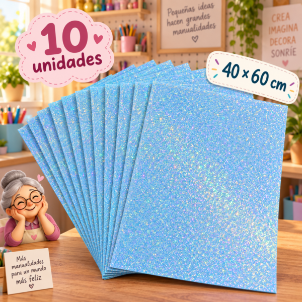Goma EVA con glitter iridiscente azul claro, 10 unidades, 40 × 60 cm