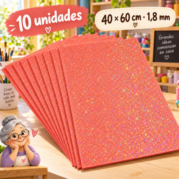 Goma EVA con glitter iridiscente coral brillante, 1,8 mm, 10 unidades, 40 × 60 cm