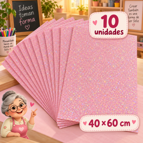 Goma EVA con glitter iridiscente rosa pálido, 10 unidades, 40 × 60 cm