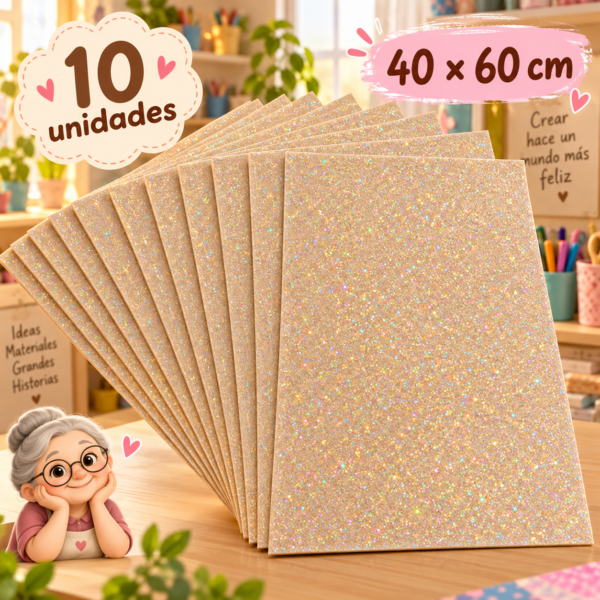 Goma EVA con glitter iridiscente beige tostado, 10 unidades, 40 × 60 cm