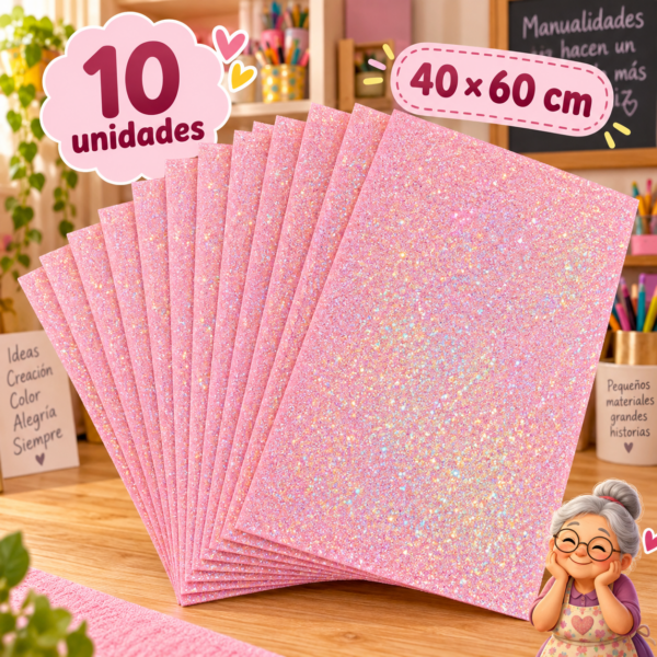 Goma EVA con glitter iridiscente rosado claro, 10 unidades, 40 × 60 cm
